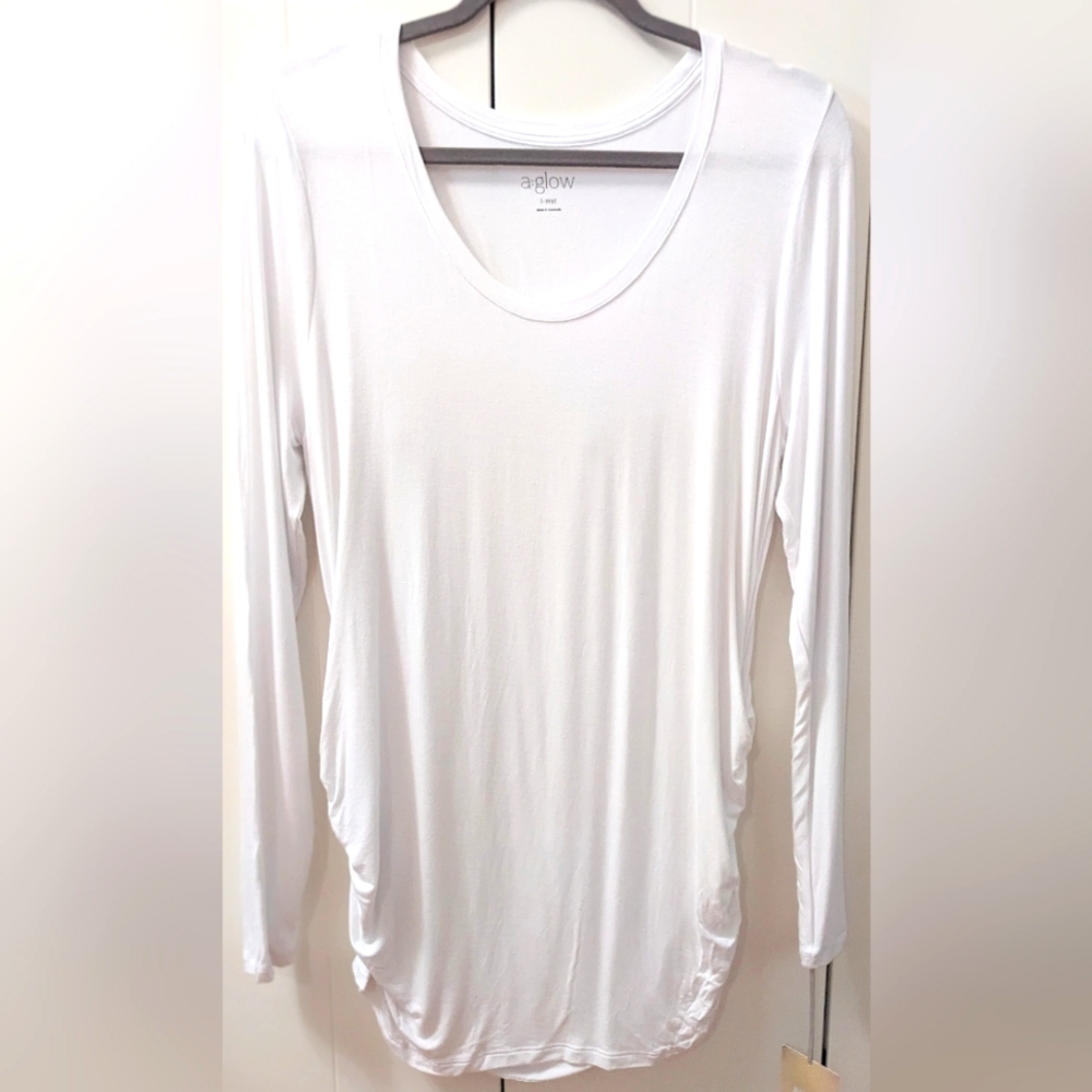 MATERNITY, A:GLOW, Long Sleeve, Scoopneck Tunic, White, Size Large.